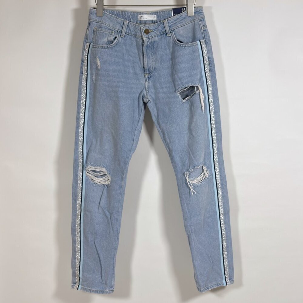 Zara Light Blue Silver Side Stripe Relaxed Fit Denim Jeans NWT - Size 4